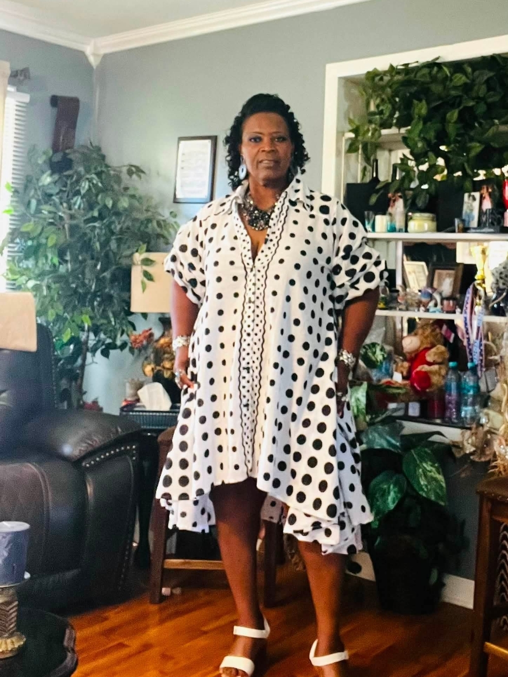Polka Dot White & Black Short Puffed Sleeve High Low Flared Button Down Dress